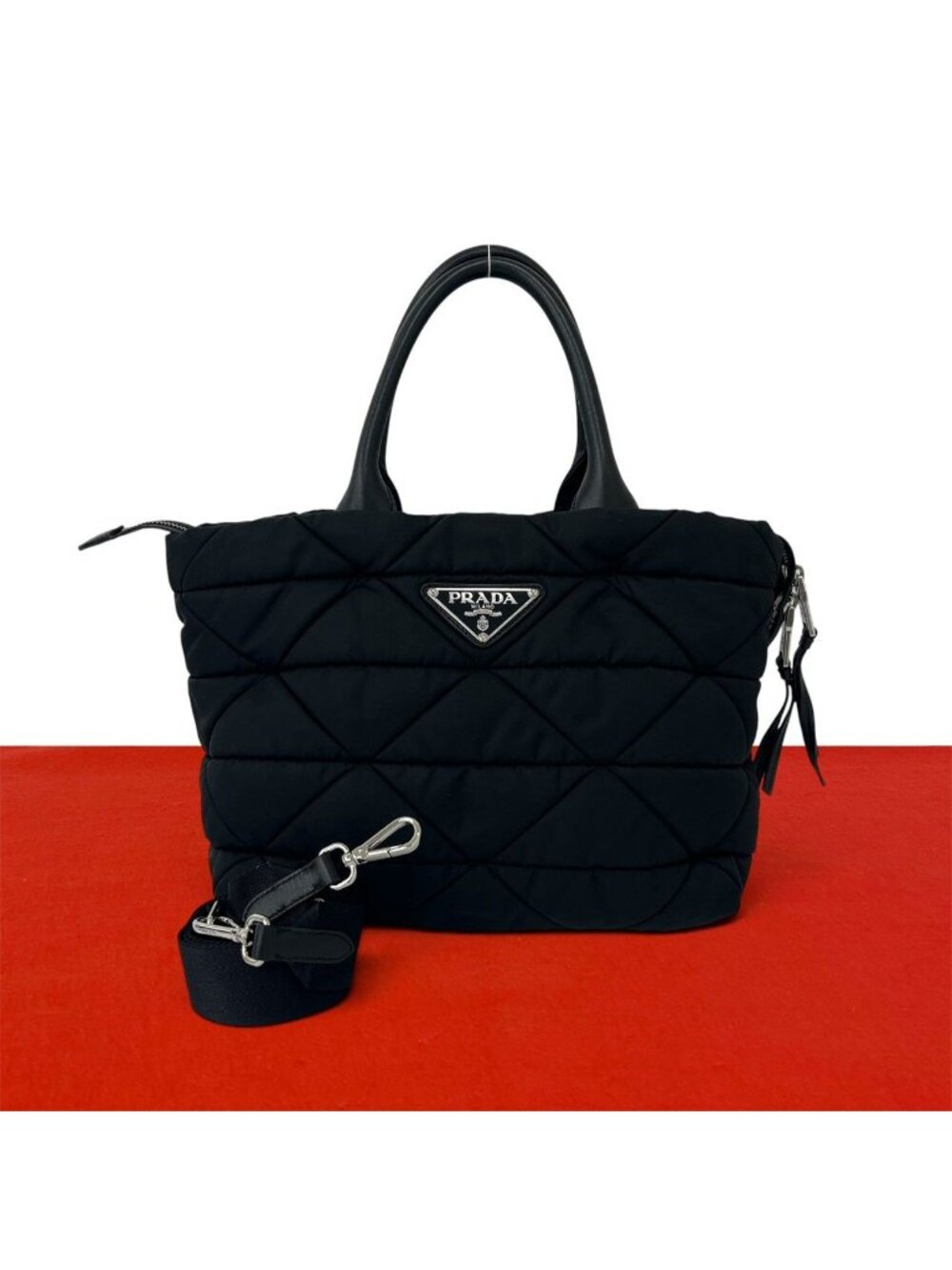 Prada Triangle Logo Tessuto Pocono Nylon Leather 2-Way Shoulder Bag Black